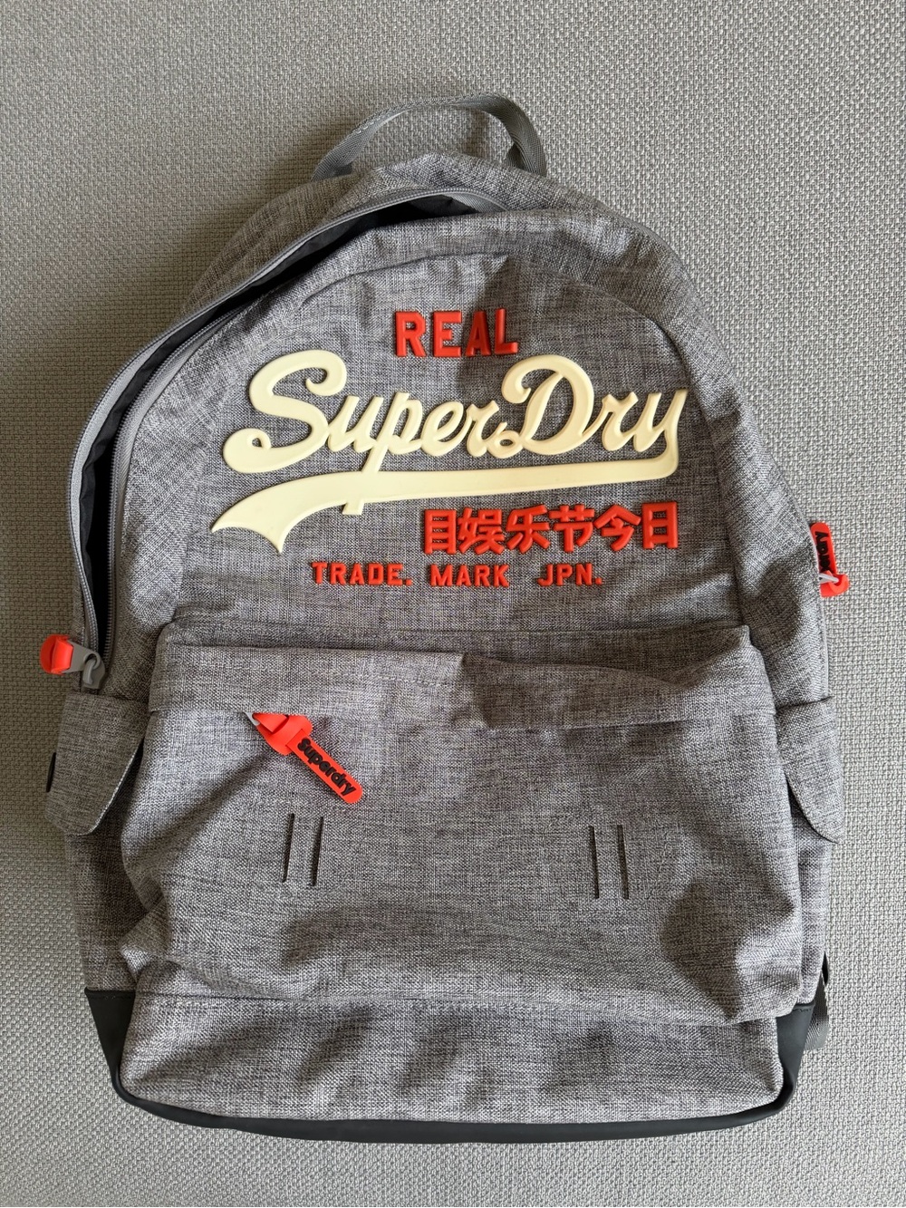 Superdry Grey Backpack with Cream Logo and Orange Accents
